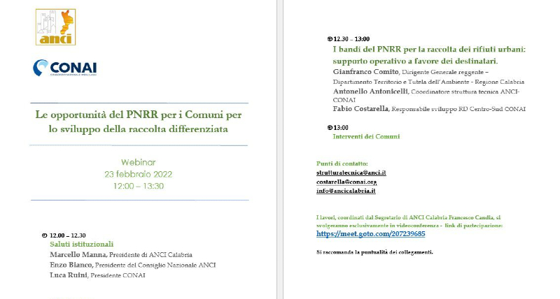 Le opportunità del PNRR per i Comuni webinar promosso da Anci Calabria